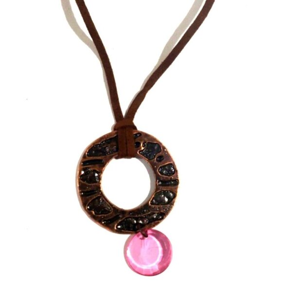 14" Brown Cord Copper color Hoop Pendant - Pink Beaded - Women's Fashion Jewelry - Picture 3 of 8